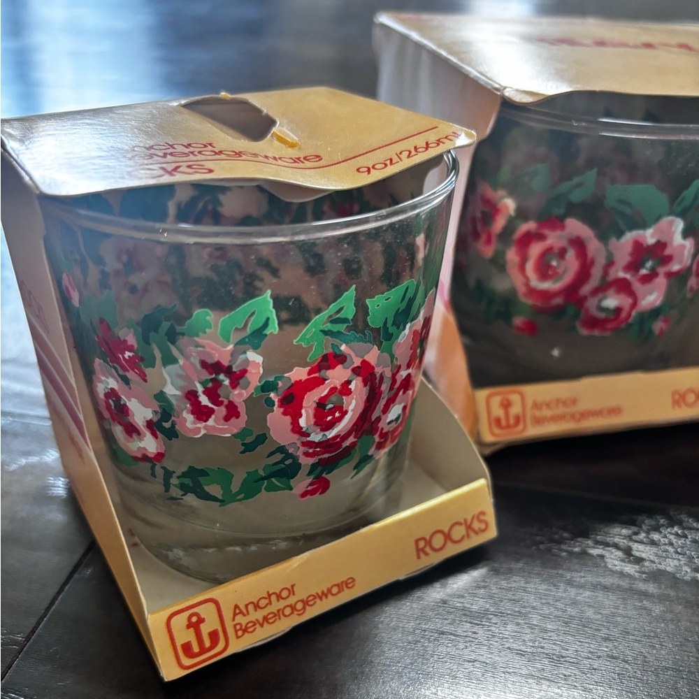 Vintage 1980's Anchor Hocking Rose Peony Floral 9 oz Rocks Glasses Set of 4  NWT